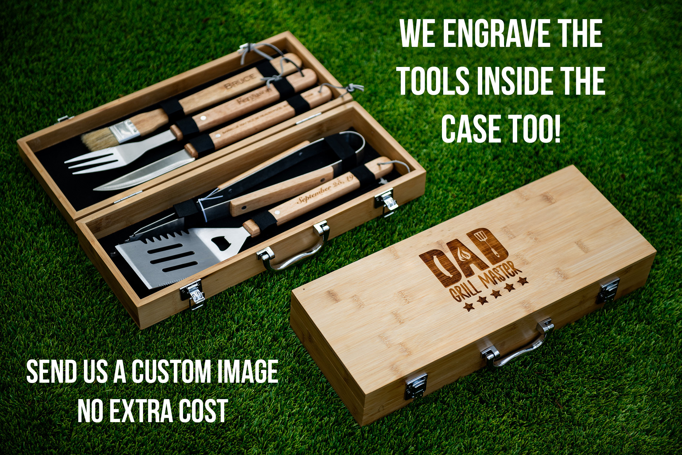 Personalized Complete BBQ Grill Tool Kit Set With Wood Case - Custom Engraving