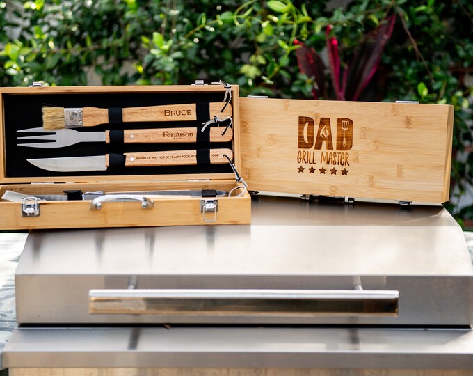 Personalized Complete BBQ Grill Tool Kit Set With Wood Case - Custom Engraving