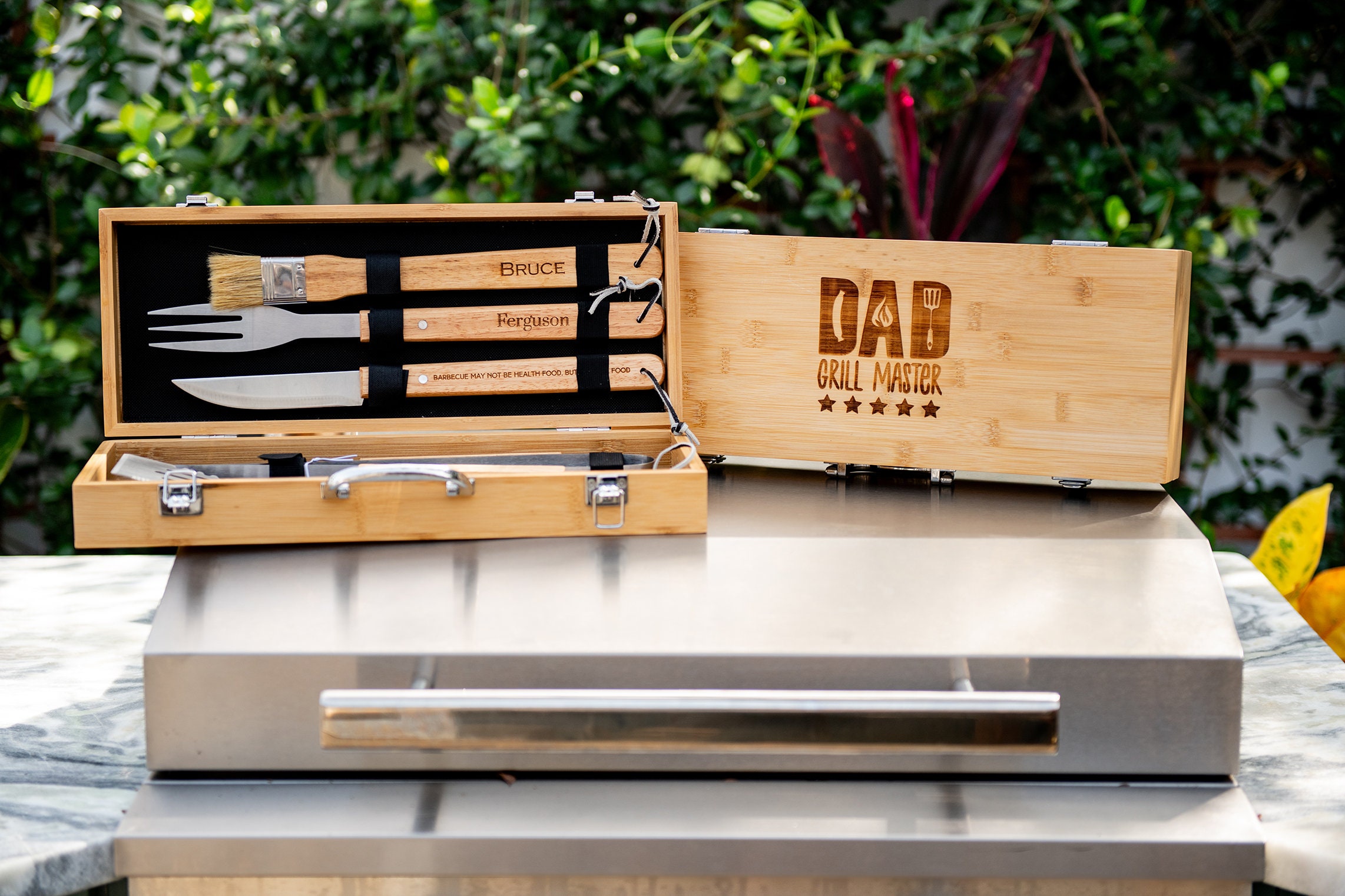 Personalized Complete BBQ Grill Tool Kit Set With Wood Case - Custom Engraving