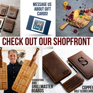May include: A collection of personalized leather goods, including a wallet, a golf scorecard holder, and a notepad. The items are all brown leather with engraved initials and text. The text on the notepad reads "Persistence can change failure into extraordinary achievement."