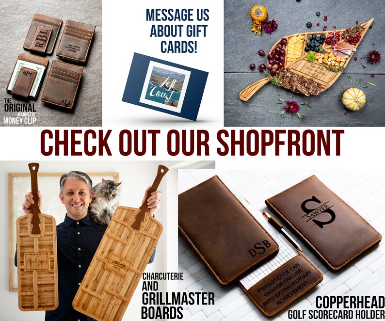 May include: A collection of personalized leather goods, including a wallet, a golf scorecard holder, and a notepad. The items are all brown leather with engraved initials and text. The text on the notepad reads "Persistence can change failure into extraordinary achievement."