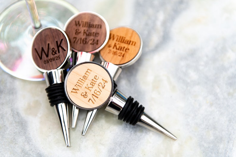 Personalized Circle Metal Wine Bottle Stoppers, Wedding Favors by Left Coast Original image 1
