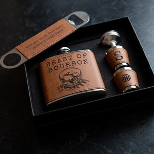 Personalized Flask Set With Shot Glasses, Bottle Opener, and Funnel - Vegan Leather