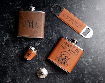 Personalized Flask Set With Shot Glasses, Bottle Opener, and Funnel - Vegan Leather