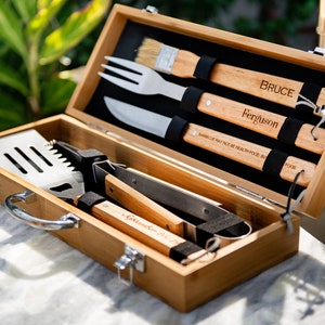 Personalized Complete BBQ Grill Tool Kit Set With Wood Case - Custom Engraving