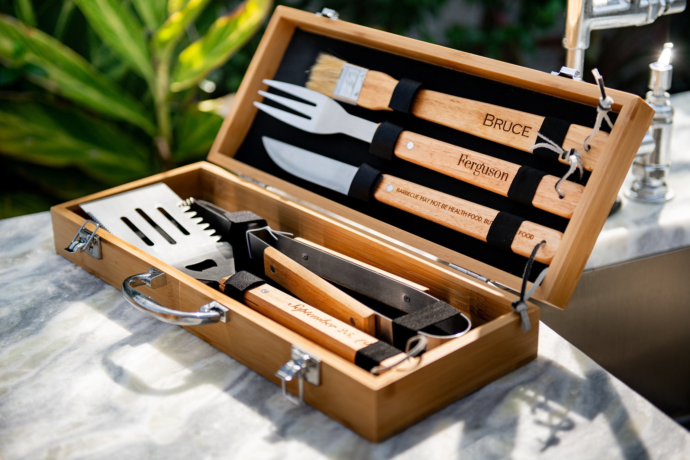 Personalized Complete BBQ Grill Tool Kit Set With Wood Case - Custom Engraving