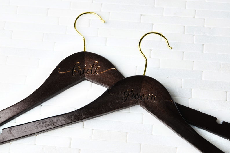 Personalized Wedding Dress Hangers Calligraphy Bride Bridesmaid Groomsman Gift for Couple Matron Maid of Honor Engraved Black Friday Sale Walnut