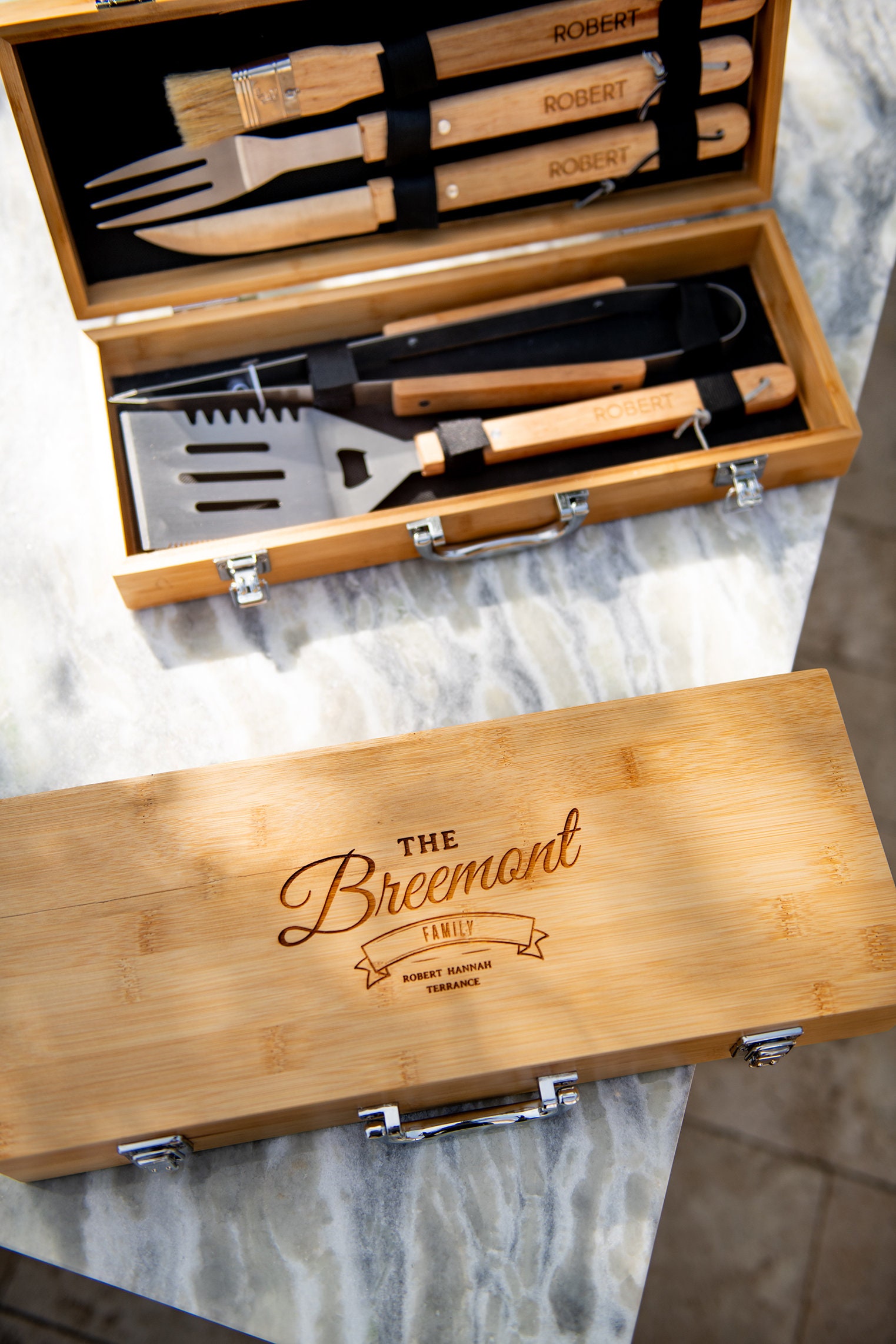Personalized Complete BBQ Grill Tool Kit Set With Wood Case - Custom Engraving