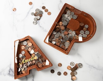 Personalized Initial Letter Shaped Wood Coin Bank - 10 Font and 5 Colors Available