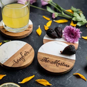 Personalized Acacia Marble Coasters - Real Wood With Custom Engraving