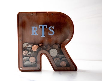 Personalized Initial Letter Shaped Wood Coin Bank - 10 Font and 5 Colors Available