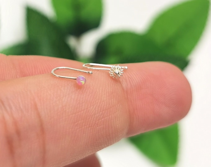 Fake Delicate 22G Very Thin 0.6mm Nose Cuff 925 Sterling Silver, Tiny Flower Nose Cuff, Pink Opel Nose Cuff / Ring For Non Pierced Nose