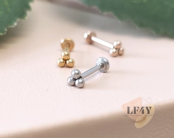 Pequeñas cuentas delicadas delgadas 20 g / 0,8 mm Empuje sin rosca en tres cuentas Acero Plata Oro Rosa Oro Labret Tragus Stud Helix / Conch Stud Pendiente