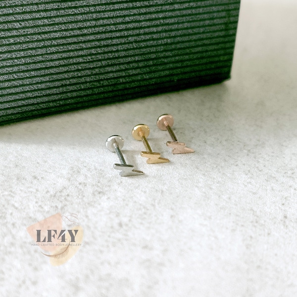 Tiny Lightning Bolt Push In Labret Stud: 20g Steel Helix, Conch, Cartilage Earring