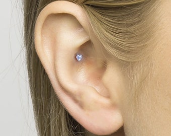Heart Clear Cubic Zirconia Earring Helix Tragus Labret Cartilage Stud Bar Steel Silver 16g 1.2mm -  Guaranted Non Allergic