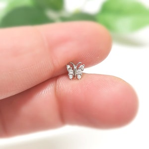Internally Threaded Sparkly 3 Colours, Clear Gem / CZ Butterfly Cartilage Earring, Helix Stud, Steel / Gold / Rose Gold, Flat Back Earring