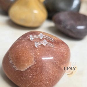 Puede incluir: Dos retenedores de joyería corporal transparentes y curvos con extremos planos en forma de disco, apoyados sobre una piedra lisa de color marrón rojizo. Los retenedores están diseñados para ser discretos. Otras piedras en tonos amarillos y grises están en el fondo. El logotipo LF4Y está en la esquina inferior derecha.