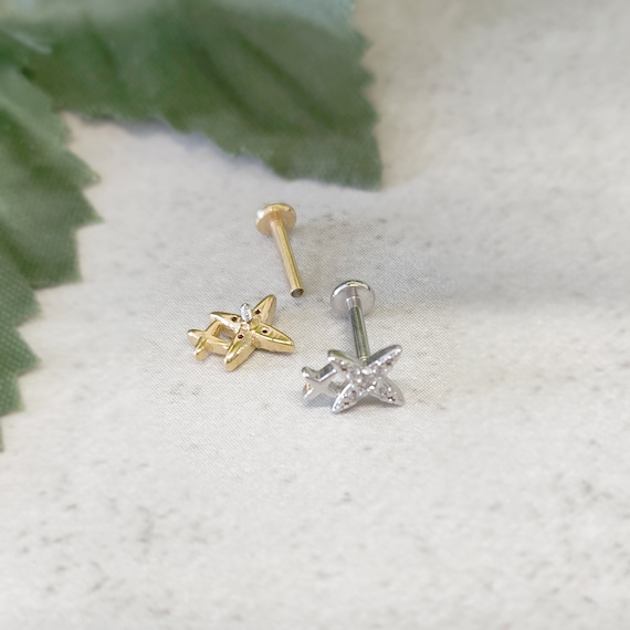 Tiny Stars CZ Flat Back Labret Thin Stud 18G / 1mm Thick 6mm Long Screw In Labret Steel / Gold Earring Helix Tragus Conch Cartilage Stud