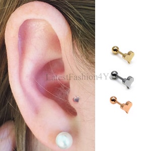 Rose Gold / Silver / Gold Screwed Ball End Heart Tragus Cartilage Earring Helix Stud Bar Steel 16g / 1.2mm Thick - Guaranted Non Allergic
