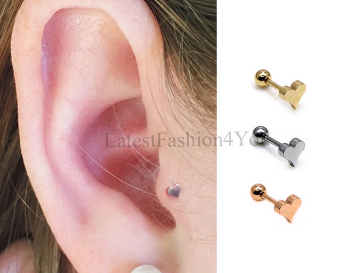 Rose Gold / Silver / Gold Screwed Ball End Heart Tragus Cartilage Earring Helix Stud Bar Steel 16g / 1.2mm Thick -  Guaranted Non Allergic