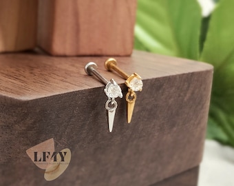 CZ Gem Cone Dangle Push In Labret Stud: 20g Threadless Tragus, Conch, Cartilage Earrings