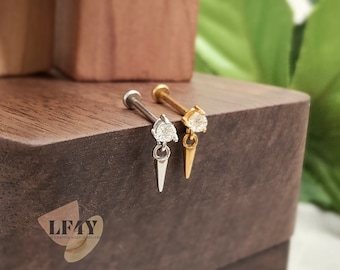 Tiny CZ Gem Dangling Cone 20g / 0.8mm Threadless Push In Labret Steel Silver Gold Tragus Stud / Helix / Conch Stud Earring / Cartilage Stud