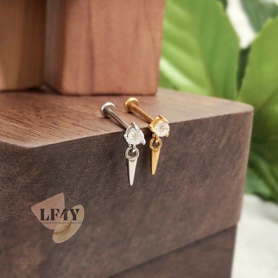 Tiny CZ Gem Dangling Cone 20g / 0.8mm Threadless Push In Labret Steel Silver Gold Tragus Stud / Helix / Conch Stud Earring / Cartilage Stud