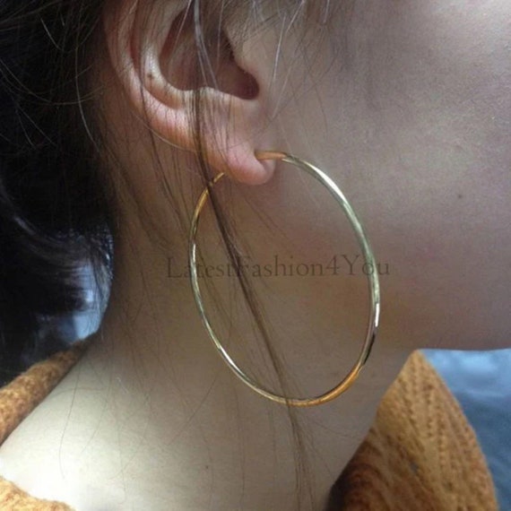 For Non Pierced Ears - Gorgeous Golden Spring Loaded Clip On 6cm 60mm Fake Ear Hoop Ring Studs