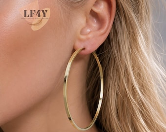 Gold Clip On Hoop Earrings: 60mm Square Pipe, Non Pierced Ears