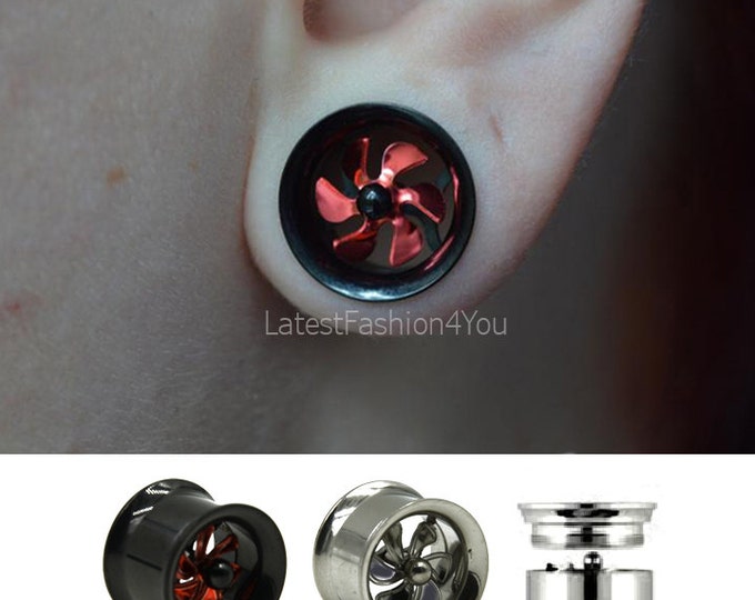 Stainless Steel Ear Plug, Expander, Stretcher Tunnel, Wind Turbine With Fan That Spins In Silver Black / Red Black Size Dia 8mm 10mm 12mm