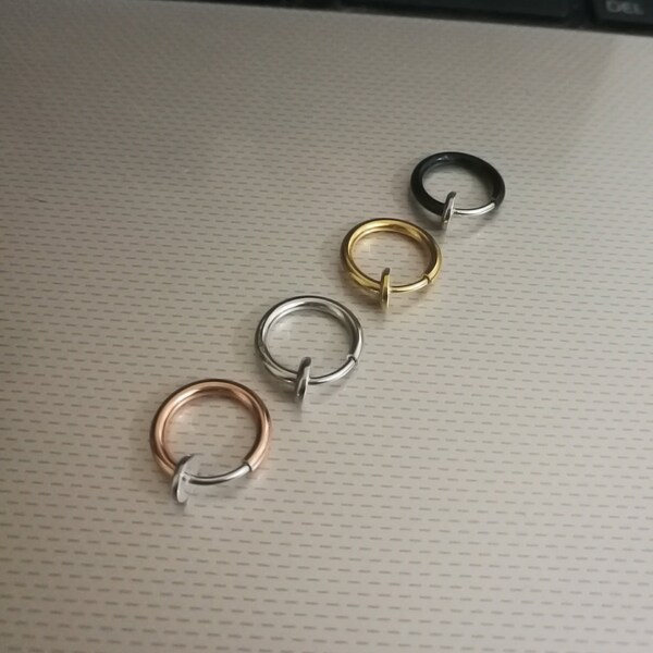 Rose Gold, Black, Silver, Steel, Gold Fake Clip On Spring Loaded Nose Hoop Rings Stud Earrings Lip Ring