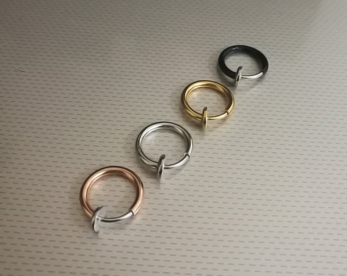 Rose Gold, Black, Silver, Steel, Gold Fake Clip On Spring Loaded Nose Hoop Rings Stud Earrings Lip Ring