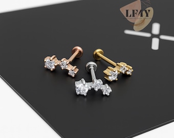 Triple CZ Cartilage Stud | Minimalist Thread less Steel Push In Cartilage, Helix Earring