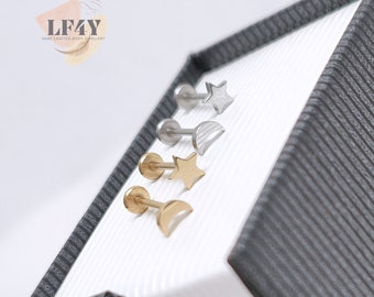 Star and Moon Push In Labret Stud: 20G Threadless Steel Cartilage, Helix, Tragus Earrings