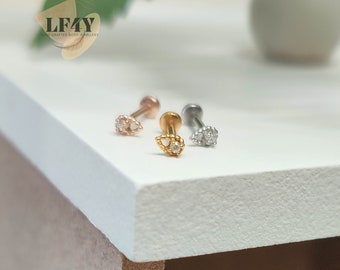 Tiny CZ Tear Drop Push In Labret: 20G / 0.8mm Steel Tragus, Helix, Cartilage Earring