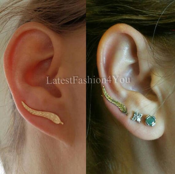 Golden And Silver Pair Of Leaves Ear Cuff, Leaf Ear Climber,  Silver and Gold Earrings, Gold Leaves Earrings, Silver Leaves Earrings