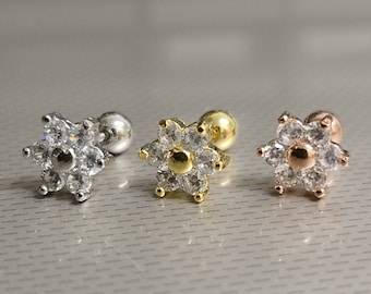 Silver / Rose Gold / Gold 18G / 1mm Thick 6mm 1/4" Bar Length Clear Gem Crystal 7mm Wide Flower Cartilage Labret Tragus Ear Stud Ball End