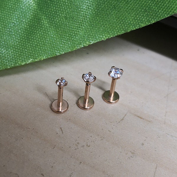 Internally Threaded Rose Gold 2, 2.5 or 3mm Clear Cubic Zircon 18G / 1mm Prong Claw Set CZ Crystal Labret Studs Tiny Triple Forward Helix