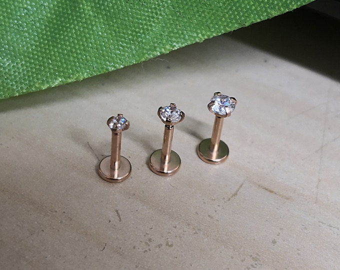 Internally Threaded Rose Gold 2, 2.5 or 3mm Clear Cubic Zircon 18G / 1mm Prong Claw Set CZ Crystal Labret Studs Tiny Triple Forward Helix