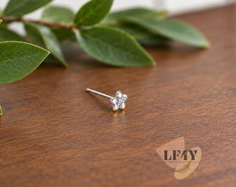 Delicate Thin Silver Nose Stud With Rainbow AB Crystal - Bend To Fit Nose Pin