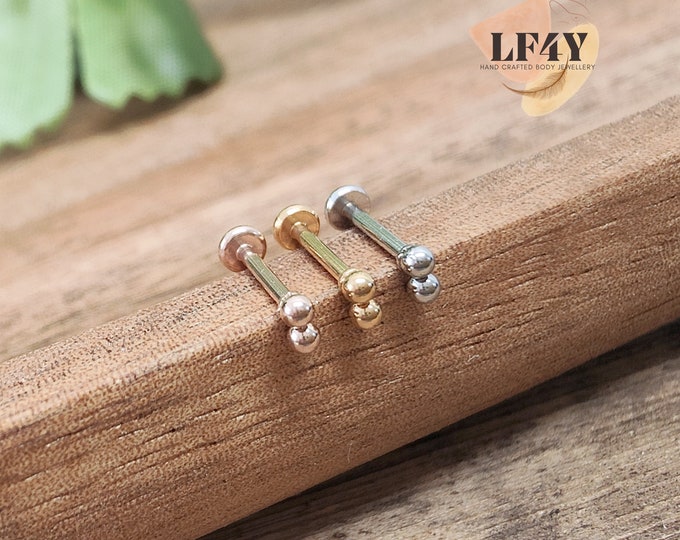 Tiny Two Beads 20g / 0.8mm Threadless Push In Labret Steel Silver Gold Rose Gold Tragus Stud / Helix / Conch Stud Earring / Cartilage Stud