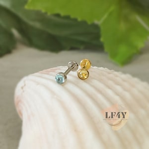 Petite perle de verre fine de 2,5 mm enfichable sans filetage fine de 0,8 mm/20 g sur le devant en acier argenté or labret Tragus Boucle d'oreille en hélice/conque