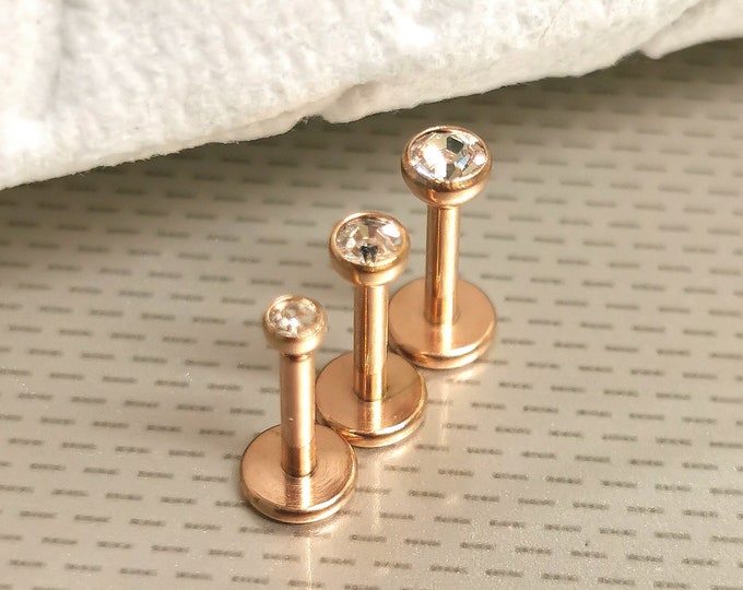 2, 2.5 or 3mm Gem 18G / 1mm Thick 6mm 1/4" Wide Cartilage Labret Tragus Stud Internally Threaded White Gem Rose Gold Triple Forward Helix