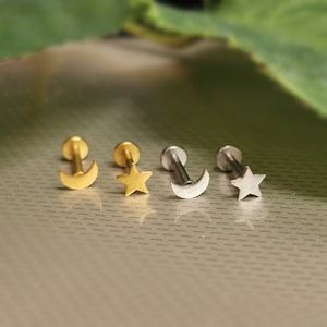 Par de estrella y luna creciente 18G / 1 mm de espesor 6 mm 1/4 "barra cartílago Labret Tragus Helix Stud internamente roscado acero inoxidable plateado