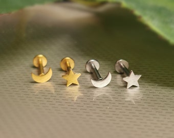 Pair Of Star And Moon Crescent 18G / 1mm Thick 6mm 1/4&quot; Bar Cartilage Labret Tragus Helix Stud Internally Threaded Silver Stainless Steel