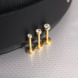 2, 2.5 or 3mm Gem 18G / 1mm Thick 6mm 1/4" Wide Cartilage Labret Tragus Stud Internally Threaded White Gem Gold Triple Forward Helix