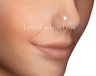Sterling Silver Flower Nose Stud: Rainbow AB Crystal Pin (0.5mm)