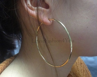 For Non Pierced Ears - Gorgeous Golden Spring Loaded Clip On 6cm 60mm Fake Ear Hoop Ring Studs