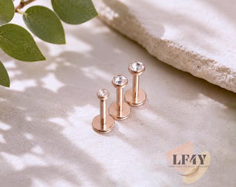 Rose Gold Internally Threaded Labret Stud: 18G Surgical Steel Tragus, Cartilage, Helix Earrings