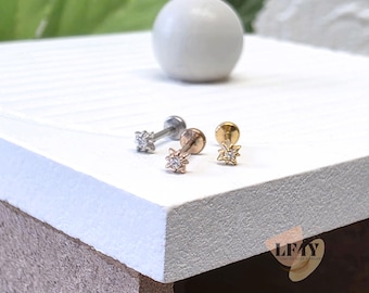 Tiny CZ Star Threadless Labret Stud: 20G / 0.8mm Steel Gold RoseGold Helix, Tragus, Cartilage, Earring